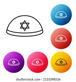 Kippah judío de línea negra con estrella de ícono de david aislado en fondo blanco. Sombrero judío de yarmulke. Establece los iconos de los botones de círculo coloridos. Vector