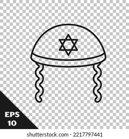 Black line Jewish kippah with star of david and sidelocks icon isolated on transparent background. Jewish yarmulke hat.  Vector