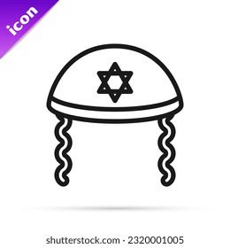 Black line Jewish kippah with star of david and sidelocks icon isolated on white background. Jewish yarmulke hat.  Vector