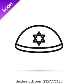 Black line Jewish kippah with star of david icon isolated on white background. Jewish yarmulke hat.  Vector