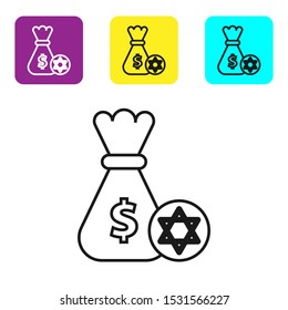 Black line Jewish money bag with star of david and coin icon isolated on white background. Currency symbol. Set icons colorful square buttons. Vector Illustration