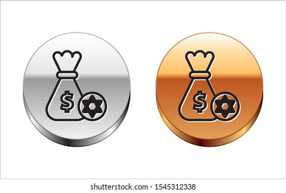 Black line Jewish money bag with star of david and coin icon isolated on white background. Currency symbol. Silver-gold circle button. Vector Illustration