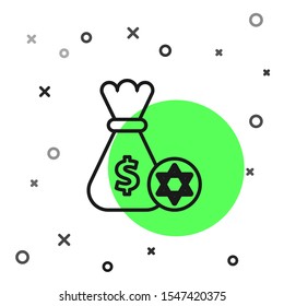 Black line Jewish money bag with star of david and coin icon isolated on white background. Currency symbol.  Vector Illustration