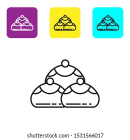 Black line Jewish sweet bakery icon isolated on white background. Hanukkah sufganiyot. Jewish easter cake. Set icons colorful square buttons. Vector Illustration