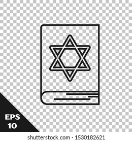 Black line Jewish torah book icon isolated on transparent background. Pentateuch of Moses. On the cover of the Bible is the image of the Star of David.  Vector Illustration