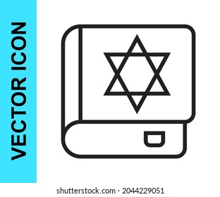 Black line Jewish torah book icon isolated on white background. On the cover of the Bible is the image of the Star of David.  Vector