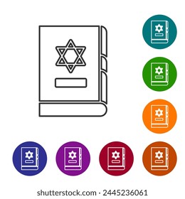 Black line Jewish torah book icon isolated on white background. On the cover of the Bible is the image of the Star of David. Set icons in color circle buttons. Vector Illustration