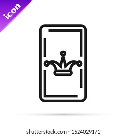 Black line Joker playing card icon isolated on white background. Casino gambling.  Vector Illustration