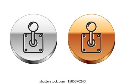 Black line Joystick for arcade machine icon isolated on white background. Joystick gamepad. Silver-gold circle button. Vector Illustration