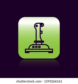 Black line Joystick for arcade machine icon isolated on black background. Joystick gamepad. Green square button. Vector Illustration
