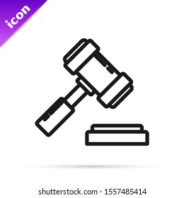 Black line Judge gavel icon isolated on white background. Gavel for adjudication of sentences and bills, court, justice. Auction hammer.  Vector Illustration