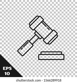 Black line Judge gavel icon isolated on transparent background. Gavel for adjudication of sentences and bills, court, justice. Auction hammer.  Vector Illustration