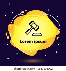 Black line Judge gavel icon isolated on blue background. Gavel for adjudication of sentences and bills, court, justice. Auction hammer. Abstract banner with liquid shapes. Vector Illustration