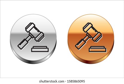 Black line Judge gavel icon isolated on white background. Gavel for adjudication of sentences and bills, court, justice. Auction hammer. Silver-gold circle button. Vector Illustration