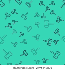 Black line Judge gavel icon isolated seamless pattern on green background. Gavel for adjudication of sentences and bills, court, justice. Auction hammer.  Vector