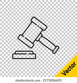 Black line Judge gavel icon isolated on transparent background. Gavel for adjudication of sentences and bills, court, justice. Auction hammer.  Vector