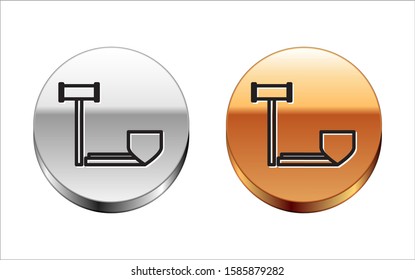 Black line Judge gavel with shield icon isolated on white background. Insurance concept. Security, safety, protection, protect concept. Silver-gold circle button. Vector Illustration