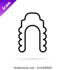 Black line Judge wig icon isolated on white background. Medieval style antique.  Vector Illustration