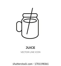 Black line juice icon. Empty design element fresh fruit drink. Pictogram linear glass jar wimith a straw. Logo frame template a fitness vitamin cocktail, healthy beverage. Isolated vector illustration