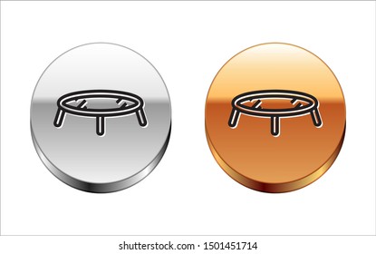 Black line Jumping trampoline icon isolated on white background. Silver-gold circle button. Vector Illustration