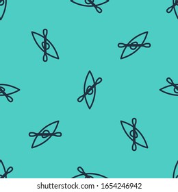 Black line Kayak and paddle icon isolated seamless pattern on green background. Kayak and canoe for fishing and tourism. Outdoor activities.  Vector Illustration