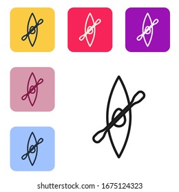 Black line Kayak and paddle icon isolated on white background. Kayak and canoe for fishing and tourism. Outdoor activities. Set icons in color square buttons. Vector Illustration