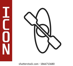Black line Kayak and paddle icon isolated on white background. Kayak and canoe for fishing and tourism. Outdoor activities.  Vector