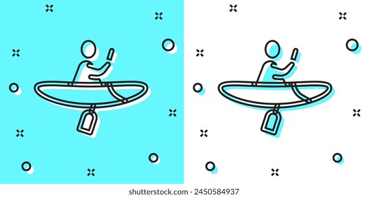 Black line Kayak and paddle icon isolated on green and white background. Kayak and canoe for fishing and tourism. Outdoor activities. Random dynamic shapes. Vector