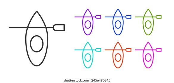 Black line Kayak and paddle icon isolated on white background. Kayak and canoe for fishing and tourism. Outdoor activities. Set icons colorful. Vector