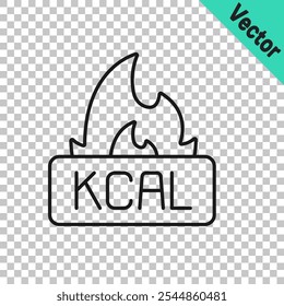 Black line Kcal icon isolated on isolated on transparent background. Health food.  Vector