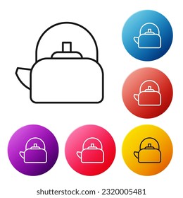 Kettle de línea negra con icono de mango aislado en fondo blanco. Icono de la tetera. Establece los iconos de los botones de círculo coloridos. Ilustración vectorial