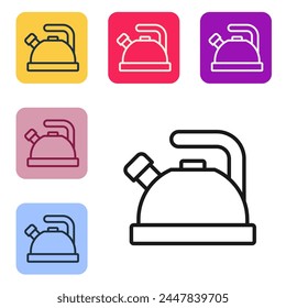 Black line Kettle with handle icon isolated on white background. Teapot icon. Set icons in color square buttons. Vector