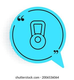 Black line Kettlebell icon isolated on white background. Sport equipment. Blue speech bubble symbol. Vector Illustration