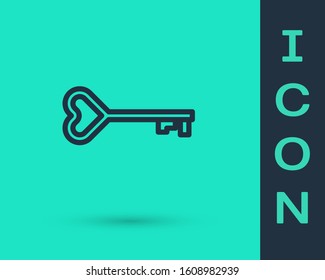 Black line Key in heart shape icon isolated on green background. Valentines day symbol.  Vector Illustration