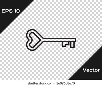Black line Key in heart shape icon isolated on transparent background. Valentines day symbol.  Vector Illustration