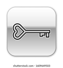 Black line Key in heart shape icon isolated on white background. Valentines day symbol. Silver square button. Vector Illustration