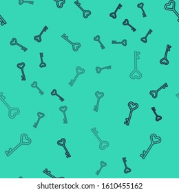 Black line Key in heart shape icon isolated seamless pattern on green background. Valentines day symbol.  Vector Illustration