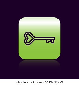 Black line Key in heart shape icon isolated on black background. Valentines day symbol. Green square button. Vector Illustration
