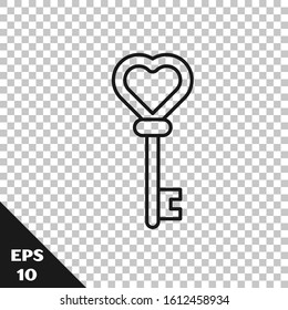 Black line Key in heart shape icon isolated on transparent background.  Vector Illustration