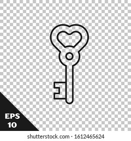 Black line Key in heart shape icon isolated on transparent background. Valentines day.  Vector Illustration