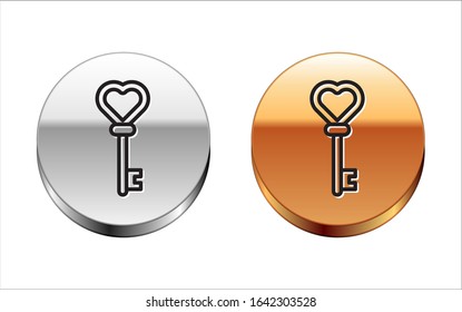Black line Key in heart shape icon isolated on white background. Silver-gold circle button. Vector Illustration