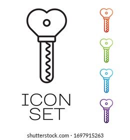 Black line Key in heart shape icon isolated on white background. Valentines day. Set icons colorful. Vector Illustration