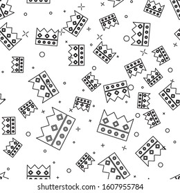 Black line King crown icon isolated seamless pattern on white background.  Vector Illustration