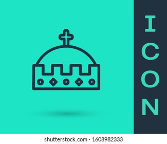 Black line King crown icon isolated on green background.  Vector Illustration
