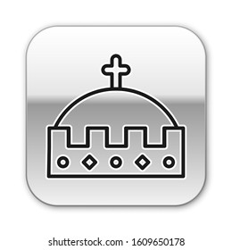 Black line King crown icon isolated on white background. Silver square button. Vector Illustration