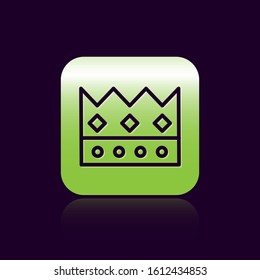 Black line King crown icon isolated on black background. Green square button. Vector Illustration
