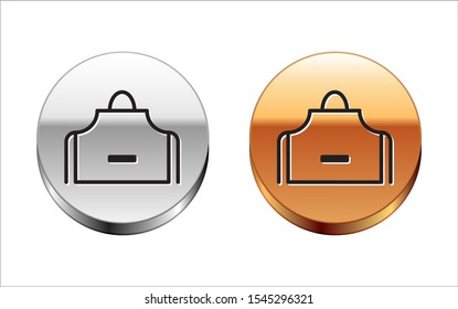Black line Kitchen apron icon isolated on white background. Chef uniform for cooking. Silver-gold circle button. Vector Illustration
