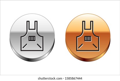 Black line Kitchen apron icon isolated on white background. Chef uniform for cooking. Silver-gold circle button. Vector Illustration