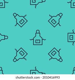 Black line Kitchen apron icon isolated seamless pattern on green background. Chef uniform for cooking.  Vector