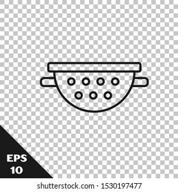 Black line Kitchen colander icon isolated on transparent background. Cooking utensil. Cutlery sign.  Vector Illustration